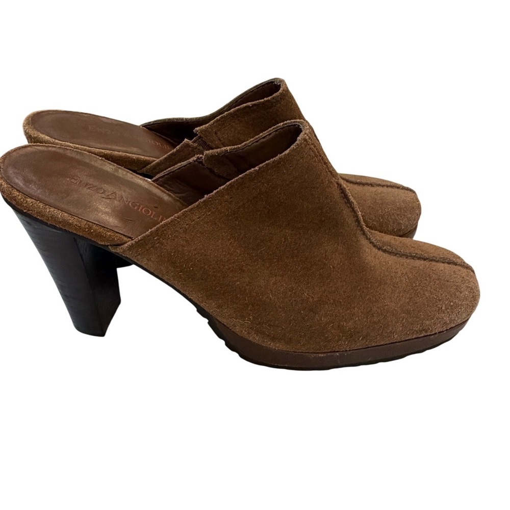 Enzo Angiolini Brown Suede Mules Vintage 90s Retro Western Platform Heels 7.5M